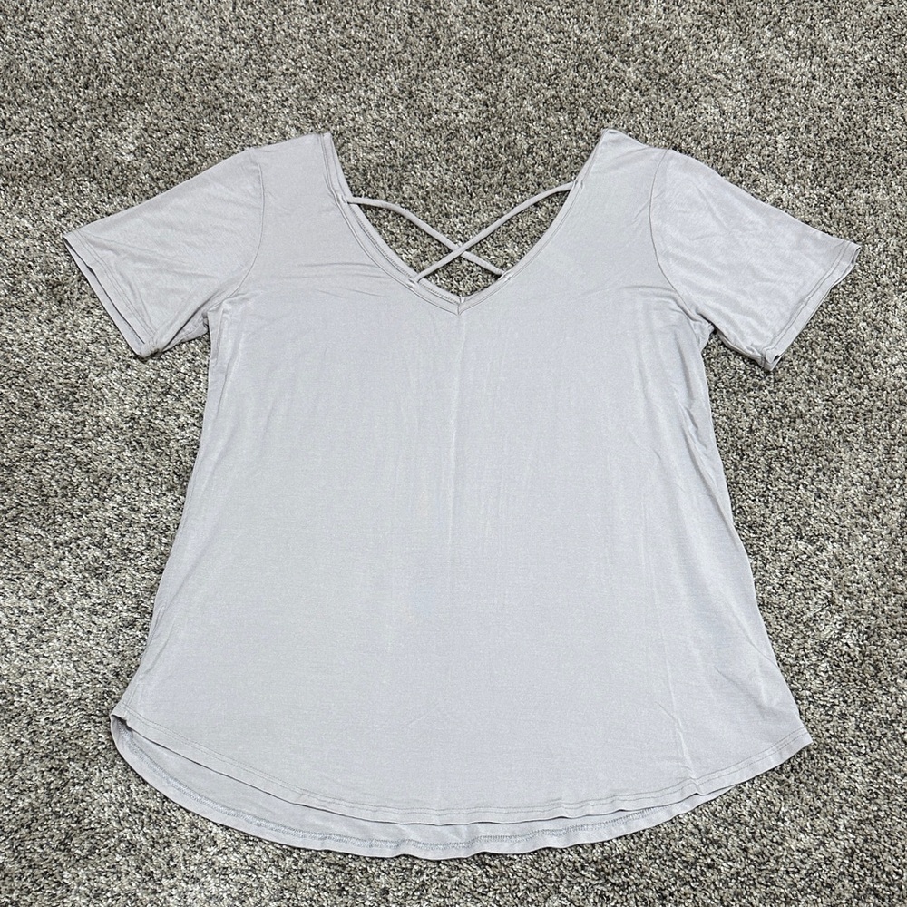 MTS Soft Gray V-Neck Tee with Crisscross Detail